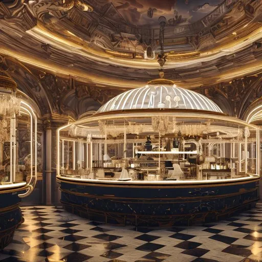 Prompt: futuristic traditional vienna cafe within moon base dome, decadent, neon, mirrors, realistic details, photorealistic, 8k render, cinematic lighting, ultra detailed