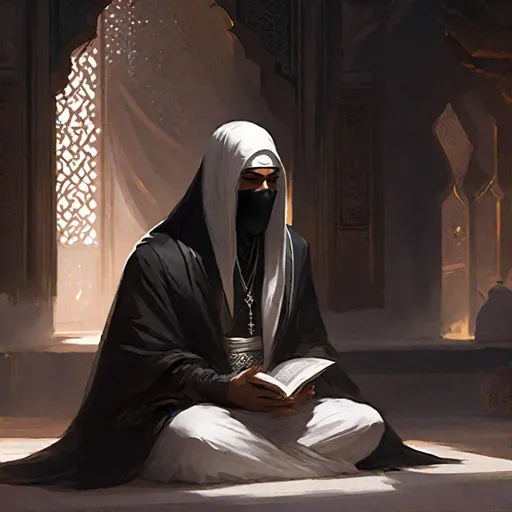 Prompt: A male imam dressed in black robes with a face veiled with a white veil, dressed in black robes, face covedered with a veil, he wears a black turban, the face is covered by a veil with strange letters, he is seated in Lotus position on a white cushion. Inside a simple room.
Detailed, well draw face, rpg art, Magic the gathering art. 2d