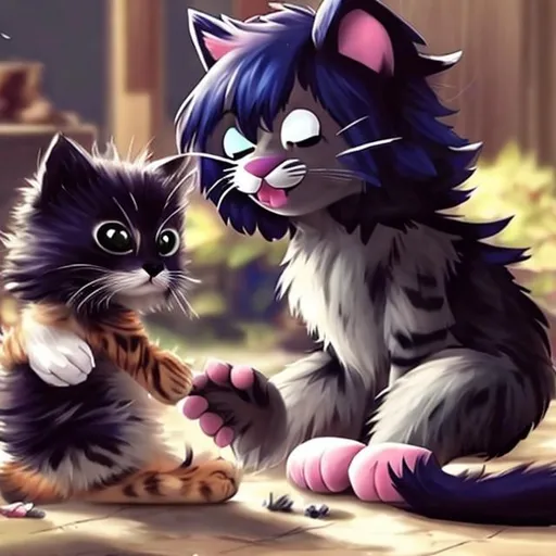 Prompt: Emo furry playing with a cute cat