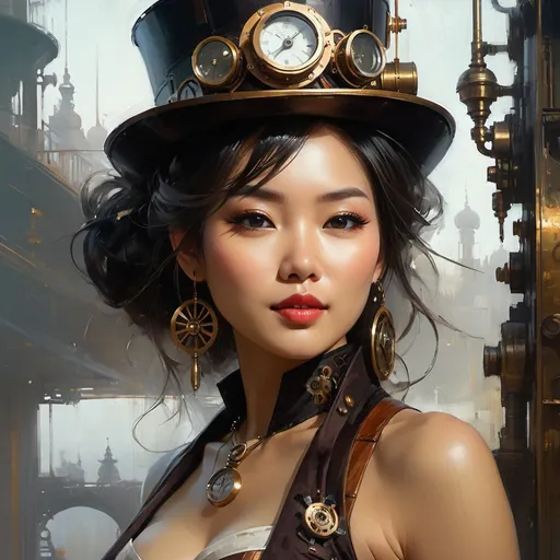 Prompt: Professional painting of a beautiful steampunk asian woman, by Jeremy Mann, Rutkowski, and other Artstation illustrators, intricate details, face,  full body portrait, headshot, illustration, UHD, 4K