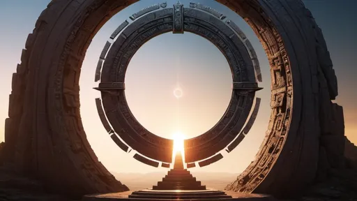 Prompt: circular stargate, gateway between worlds, ring, ring standing on edge