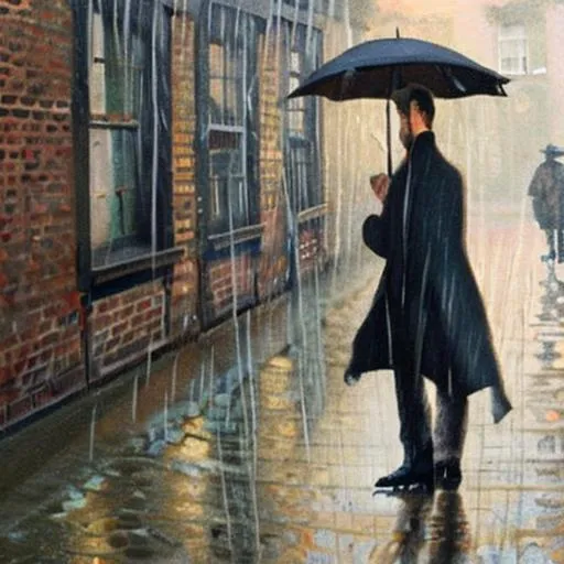 Prompt: painting of sherlock holmes standing on a victorian london street in the rain