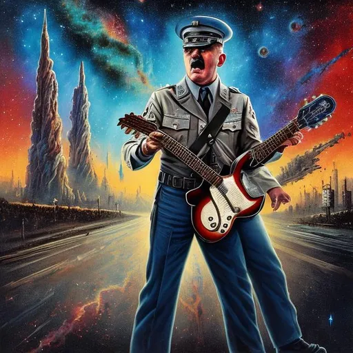 Prompt: patriotic american adolf hitler playing guitar on the street corner, infinity vanishing point, Pillars of Creation nebula background