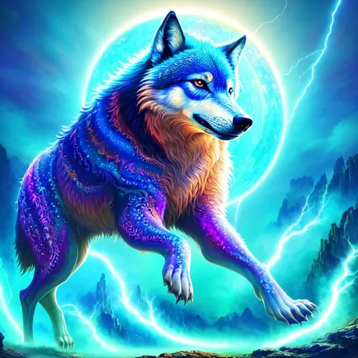 Prompt: replace ear with crystal crest, (masterpiece, professional illustration, epic digital art, best quality:1.5), insanely beautiful wolf, ancient, celestial guardian, growling, glaring, global illumination, psychedelic colors, illusion, sunrise, finely detailed, calm, detailed face, beautiful detailed eyes, beautiful defined detailed legs, beautiful detailed shading, slender, highly detailed body, (lightning halo), tilted halo, {body crackling with lightning}, billowing wild fur, lilac magic fur highlights, fox ears, majestic wolf queen, jewel-crusted crest, lightning blue eyes, flaming eyes, ice elements, {auroras} fill the sky, {ice storm}, crackling lightning, (lightning halo), tilted halo, corona behind head, highly detailed pastel clouds, lightning charged atmosphere, full body focus, beautifully detailed background, cinematic, Yuino Chiri, Kentaro Miura, 64K, UHD, intricate detail, high quality, high detail, masterpiece, intricate facial detail, high quality, detailed face, intricate quality, intricate eye detail, highly detailed, high resolution scan, intricate detailed, highly detailed face, very detailed, high resolution, medium close up, close up