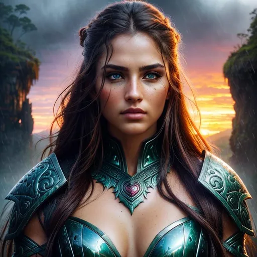 Prompt: Primal, dreamy, Epic, ominous, cinematic, 3D, HD, Beautiful!! {female}Warrior, detailed gorgeous face, Beautiful big {heart-shaped}reflective eyes, expansive Rain Forest background, sunset, ultra detailed full body artistic photography, detailed rugged Gorgeous detailed face, shadows, oil on canvas, brush strokes, ultra sharp focus, ominous, matte painting movie poster, golden ratio, epic, intricate, cinematic character render, hyper realistic, 64K --s98500