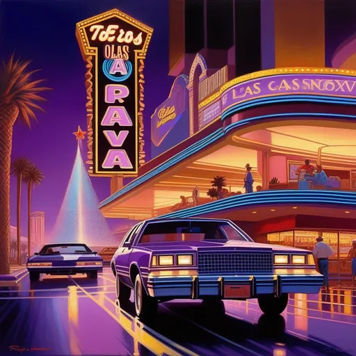 Prompt: 1980s, Las Vegas old strip at night, car chase, neon, dark purple atmosphere, cartoony style, extremely detailed painting by Greg Rutkowski and by Henry Justice Ford and by Steve Henderson
