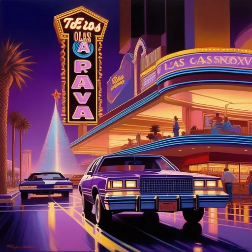 1980s, Las Vegas old strip at night, car chase, neon...