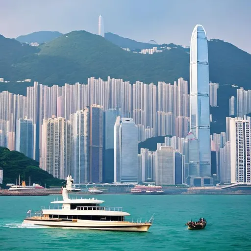 Prompt: Yacht in Hong Kong by a horse racing track skyscrapers in background