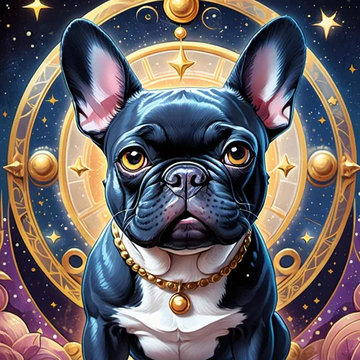 Prompt: anime tarot card illustration, detailed portrait of a french bulldog, vibrant colors, mystical ambiance, expressive eyes, intricate background symbols, fantasy elements like stars and moons, eclectic art style, emotionally engaging, ultra-detailed, high-resolution, dramatic lighting, enchanting atmosphere.