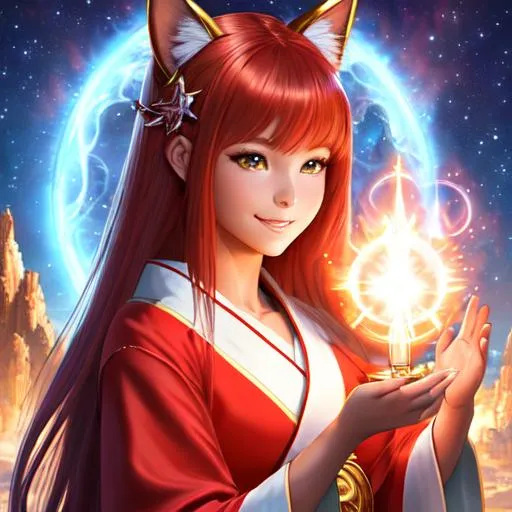 Prompt: oil painting, fantasy, Human girl, tanned-skinned-female, beautiful, red hair, straight hair, cat ears, rosy cheeks, smiling, red kimono, looking at the viewer| Elemental star cleric wearing intricate glowing blue and white holy robes casting a healing spell, #3238, UHD, hd , 8k eyes, detailed face, big anime dreamy eyes, 8k eyes, intricate details, insanely detailed, masterpiece, cinematic lighting, 8k, complementary colors, golden ratio, octane render, volumetric lighting, unreal 5, artwork, concept art, cover, top model, light on hair colorful glamourous hyperdetailed medieval city background, intricate hyperdetailed breathtaking colorful glamorous scenic view landscape, ultra-fine details, hyper-focused, deep colors, dramatic lighting, ambient lighting god rays, flowers, garden | by sakimi chan, artgerm, wlop, pixiv, tumblr, instagram, deviantart