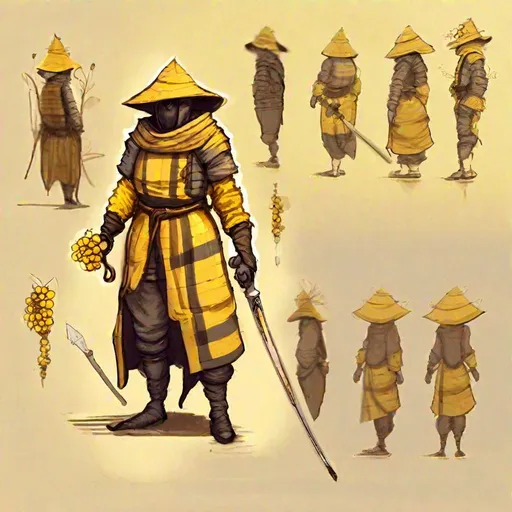 Prompt: Concept art of a wandering swordsman wearing the garb of a medieval beekeeper