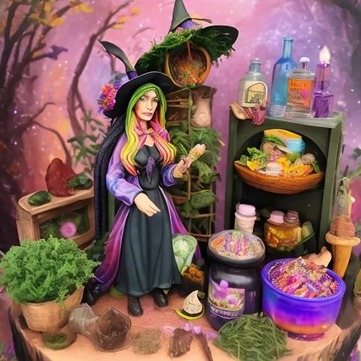 Prompt: Herbalist witch diorama in the style of Lisa frank 