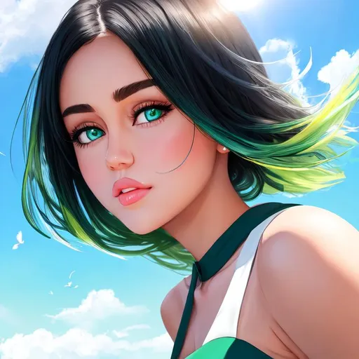 Prompt: beautiful girl (similar features and face shape as miley cyrus) on the grass field, blue bird, white dress, blight green eyes, black hair, cheerful, blue sky, at noon, sunshine, inspire by wlop, looking from below, realistic art, wide camera angle from afar, high quality. 