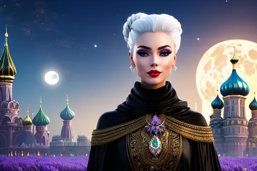 Prompt: head-on, surreal cartoon, high fashionista walking toward viewer, Stunning, glossy portrait of a stunning woman with lavender white hair pulled back into a bun, she is dressed like a Russian princess, metallic black fabric fabric, dramatic jewelry, dramatic necklace with a tiny dagger that looks real, background is architecture lit by the moon,  trending on artstation