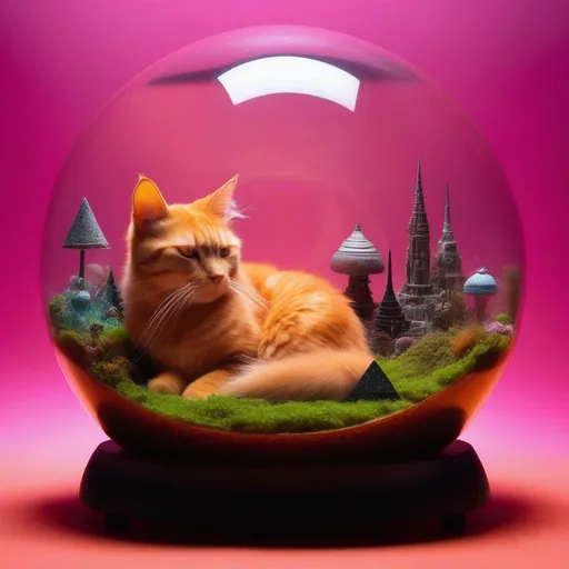 Prompt: an orange house cat with robotic parts, sleeping in a magic circle, terrarium, vivarium, Orgonite pyramids with chrome accents, Mushroom Cloud, a pink backdrop, by H. R. Giger, by Dr. Seuss, 