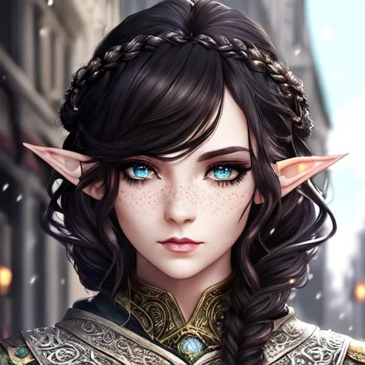 Prompt: half body portrait, female , elf, detailed face, detailed vibrant eyes, full eyelashes, ultra detailed accessories, tunic, empty city streets background, curly messy braided hair, bangs, dnd, artwork, fantasy,inspired by D&D, concept art, ((looking away from viewer)), dark fantasy, gloomy, freckles, short black hair, pale white skin, snowing background, green eyes, gray winter coat and hood , female elf, dark and cold background, UHD, 8K, high fantasy, (art inspired by Agnes Cecile), thin eyebrows, muted artwork, faded colors, winter season, night time, dark