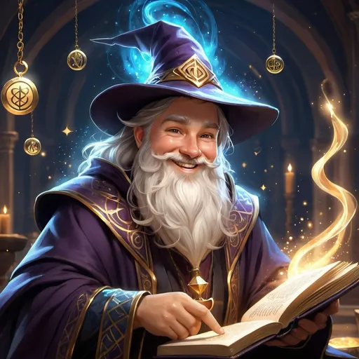 Prompt: Male, wizard, a little fat, jovial face, smiling, magic, spellbook, fantasy+++, runes, swirling magic, short hair, big wizard hat++, beard, happy