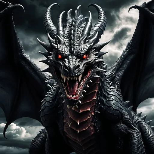 Prompt: Monstrous dragon, dark fantasy, horror, evil, sinister, detailed scales, menacing gaze, piercing red eyes, eerie atmosphere, high quality, dark and ominous, horror style, sinister shadows, intense lighting, gothic, ominous clouds, intimidating presence, otherworldly, best quality, ultra-detailed, dark fantasy, horror, menacing, atmospheric lighting, seen from below, full body view