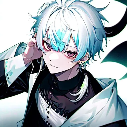 Prompt: Saiko Male (short pure white hair) 8k, UHD, happy, black earrings
