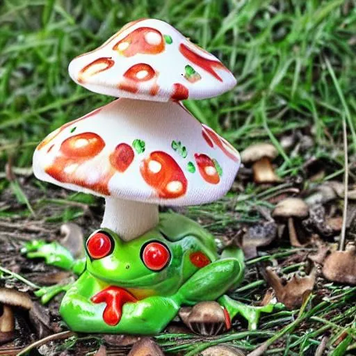 Prompt: A frog in mushroom dress