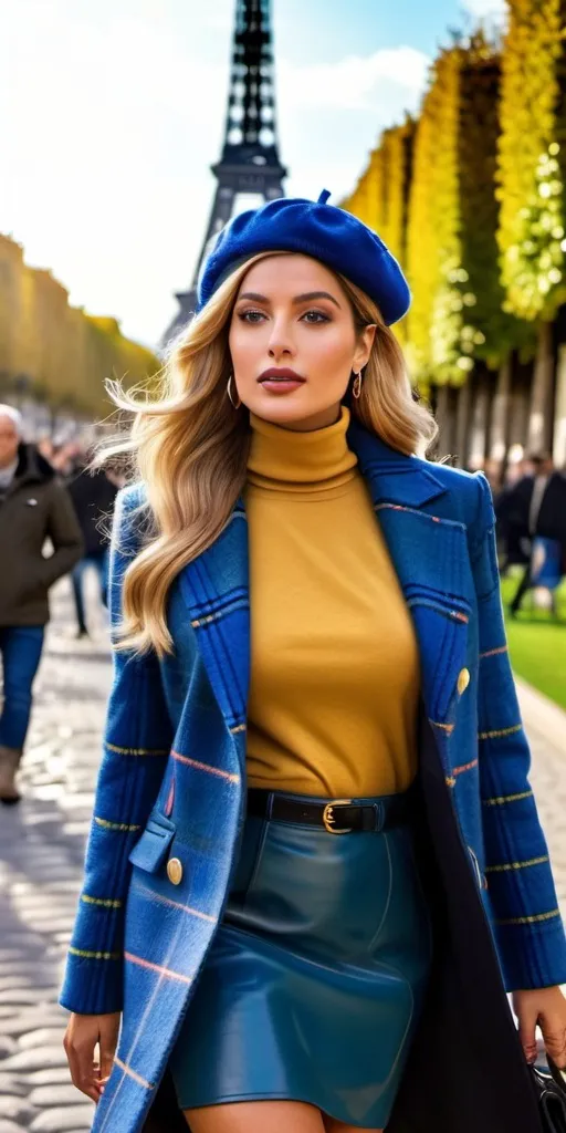 Prompt: 8k photo of a beautiful sophisticated French woman, olive skin, long blonde hair, blue-eyed, upturned nose, natural makeup, tall & leggy, blue plaid tweed jacket yellow turtleneck sweater & beret, blue leather skirt, Prada boots, walking in a busy & crowded Paris park, Eiffel Tower in background, detailed features, realistic, highres, sophisticated, elegant, natural lighting, vibrant colors, realistic curvy physique, natural lush opulent figure, modern fashion, trendy, editorial fashion photography, magazine cover style