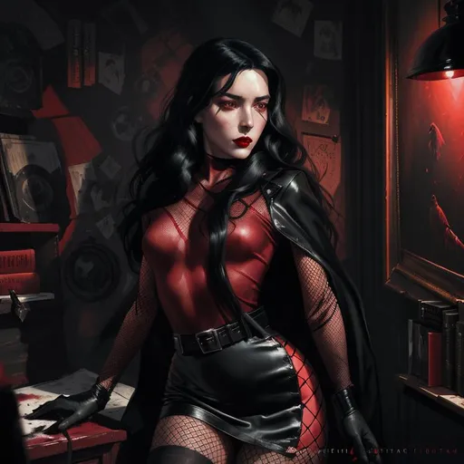 Prompt: "the femme fatale" (painting) by ((((style of Greg Rutkowski)))), digital painting, (gritty noir),  classic woman with long black hair, red lips, wearing a black ((silk minidress)), (red belt), fishnet tights, set in a warmly lit private detective's office