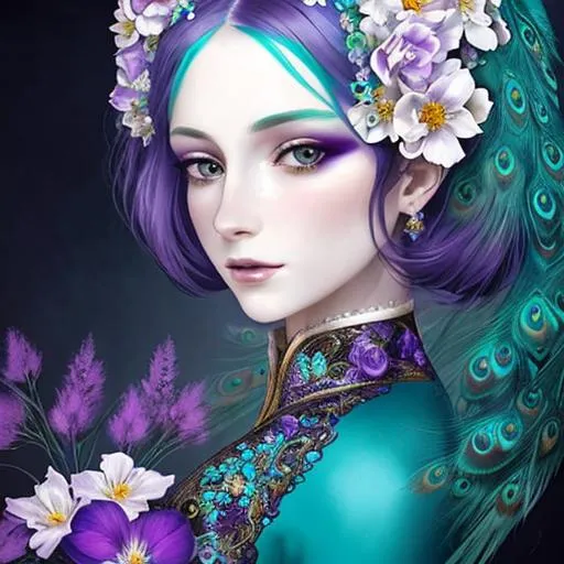 Prompt: dynamic composition of a pale skinned woman with hair of flowers and peacock plummage  of aqua and purple, ornate details,facial closeup