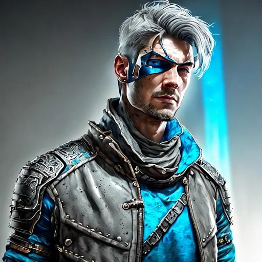 Prompt: one eye patch, fantasy, male, Warrior, perfect sly face with ashen grey hair and short goatee, and with blue eyes, Metal Pauldron in his shoulder, UHD, hd , 8k eyes, detailed face, 8k eyes, intricate details, insanely detailed, masterpiece, cinematic lighting, 8k, octane render, unreal engine, artwork, concept art, digital art, character art portrait, matte fantasy painting