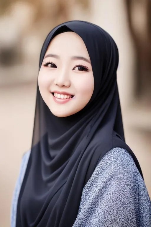 Prompt: photorealistic protrait raw color protrait photo, cinematic light, korean girl , cute girl , pretty girl , long dress , ((muslim hijab)) , highres, smile , mosque background