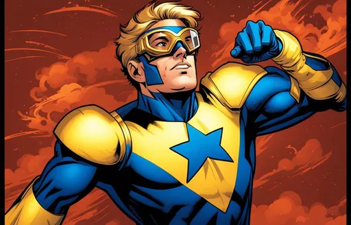 Prompt: Booster Gold from DC comics in a blue and yellow suit with a fist, shooting star, name of the character is chad, fantasy comics, combat yellow goggles, extremely luminous bright design, voidstar, official artwork, navigator glasses, anti - communist, character mashup, unmasked, jean, (bee),