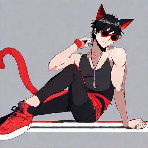 Boy with anime style hair, red shirt, black shorts, mechanical left arm,  mechanical left leg full hd 1080p 4k