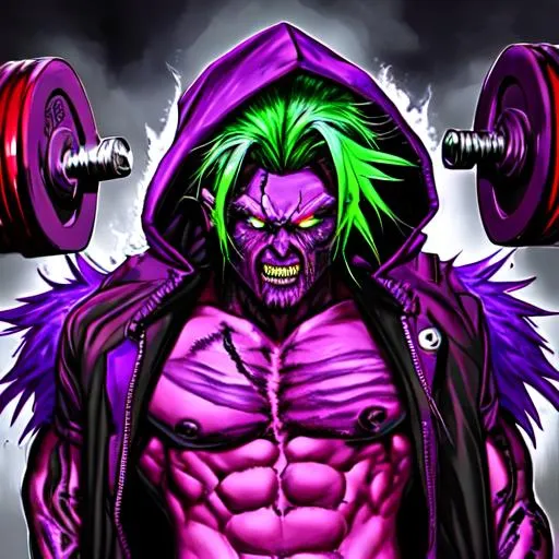 Prompt: handsome man, monster, demon, fire, purple, neon, black, zombie, strong and body, neon green and purple hair, hood, red eyes, dumbbells 