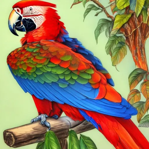 Prompt: A Scarlet macaw, sitting on a bird perch in a bedroom, realistic style 