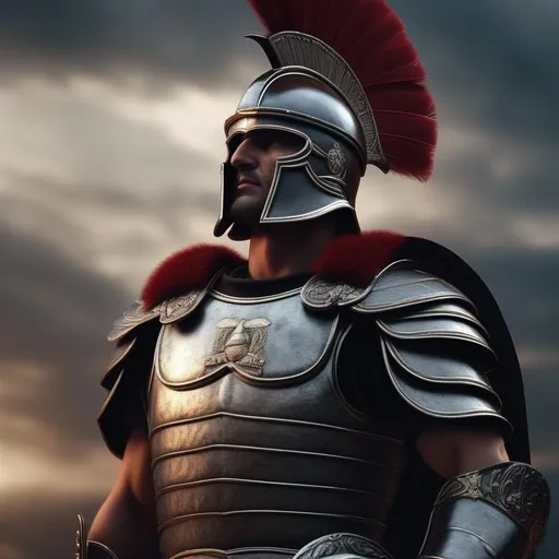 Prompt: Roman centurion with a metal faced helmet and plume military male general in black military armor, Highly Detailed, Hyperrealistic, sharp focus, Professional, UHD, HDR, 8K, Render, electronic, dramatic, vivid, pressure, stress, nervous vibe, loud, tension, traumatic, dark, cataclysmic, violent, fighting, Epic, 



