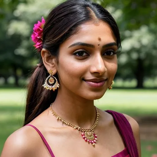 Prompt: Gorgeous Indian ((skinny)) girl in a park, pretty, cute 🥰, ((one eyes Winking)), Maroon-brown Dress, centered in frame,close-up, ultra realistic, natural lighting, background having trees with pink flowers , drop type earrings, thin gold necklace, pony tail hairstyle, long hair, rose flower in hair