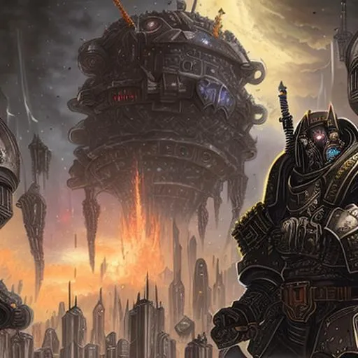 Prompt: portrait of  a warhamer 40k 
inquisitior, hive city in background, chaos invasion, gothic