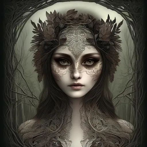 Prompt: Owl faced woman, forest, black lace leaves, white babkground. Intricate, detailed, Christian Schloe