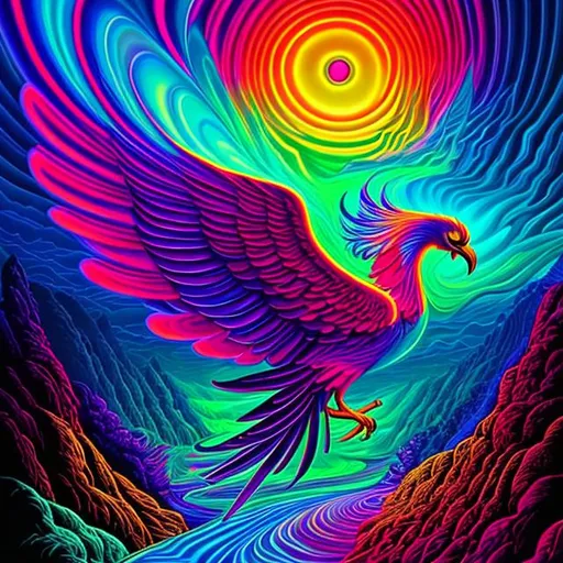 Prompt: Hypnotic illustration of phoenix hypnotic psychedelic art by Dan Mumford, pop surrealism, dark glow neon paint, mystical, Behance
