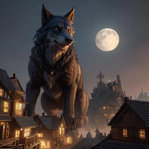 Prompt: epic highly detailed, epic surreal art, realistic picture, small dieselpunk village,( a werewolf-man on the roof by fullmoon)++, reflective surfaces, hyper realistic Photorealism, high LOD, Octane render, 4K, Unreal Engine, sharp focus, Extremely Detailed, Digital Painting, photorealistic, highly detailed, lifelike, highly detailed, intricate, octane render, final improvement, add finisch.