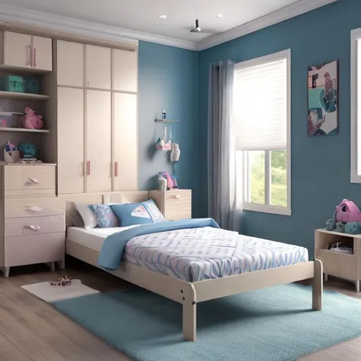 Prompt: Kamar tidur anak perempuan untuk dua orang berwarna biru dan dan ada hiasan meja belajar untuk anak anak smooth 100(---s) ultra hd 10k realistik