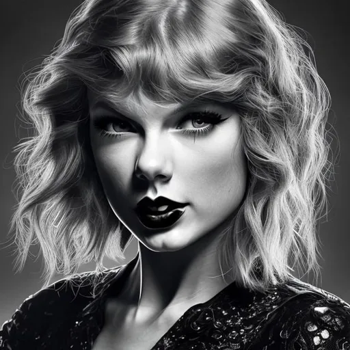 Prompt: generate me a Taylor Swift album cover concept with no words whatsoever on it as a redisign of her album cover for Reputation, which features a portrait of taylor in dark lipstick in black and white, a gothic aesthetic true to her era of Reputation. it must be highly realistic detailed, 4k HD , a detailed face with no words. it must be very dark and must  include a golden or black snake as Taylor often used them on her tour.
