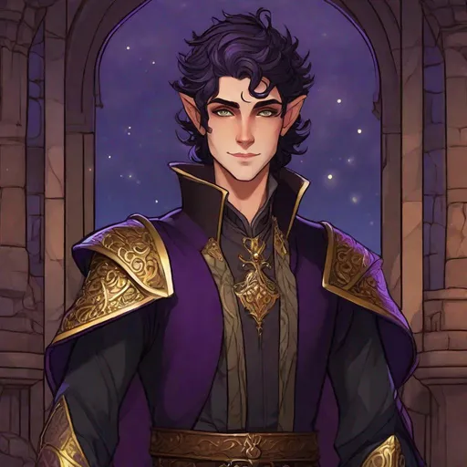 Prompt:  A cute young male elf from changeling the dreaming. He wields a dagger. He is dressed in lavish court dress. He wears a black dress with gold details. He has very dark hairs. deep purple eyes. Smiling. background a fairy castle on an hill. Rpg art. 2d art. 2d. well draw face. Detailed. 