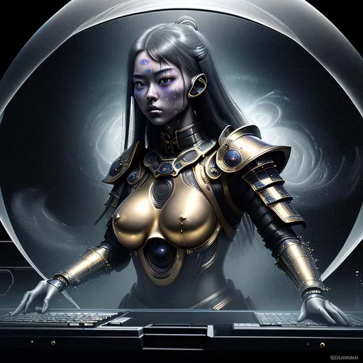 Prompt: splash art, hyper detailed, hyper realistic, highly detailed, dark, surreal heavy mist, floating at the edge of the Universe, in an alien observatory spaceship, 

create a 70% transparent computer generated hologram of an exquisite, beautiful, totally ultra realistic young adult Samurai Princess, in an offensive stance, wearing Obsidian and Gold armor,

Gorgeous detailed facial features, long legs, vibrant sumptuous, perfect body, ultra pale, visible midriff, ((perfect curly red hair)), magically created armor, heavy iron collar, 

Perfect studio lighting, perfect shading. HDR, UHD, high res, 64k, cinematic lighting, special effects, hd octane render, professional photograph, trending on artstation, .