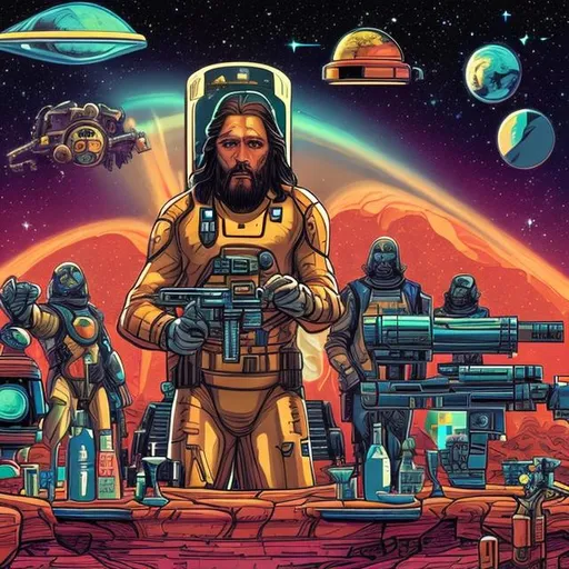 Prompt: widescreen, photo, painting, longshot, wide view, overhead lighting, infinity vanishing point, jesus with Fabrique Nationale Mk 48 machine gun, surrounded by multiple jesus in spacesuits, relaxing at the bar saloon, in an exotic space cantina, vibrant galaxy background, surprise me
