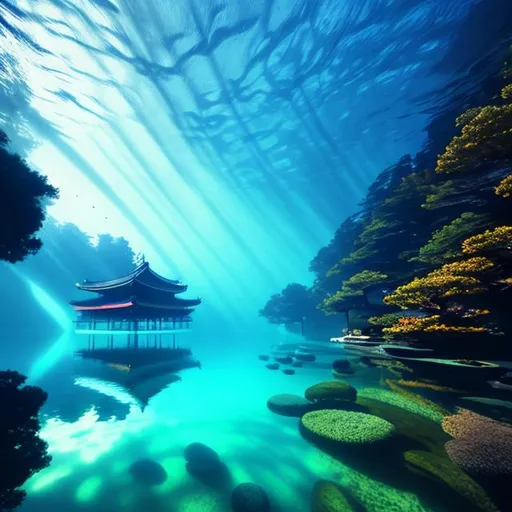 Prompt: Japanese Temple, underwater, Peaceful, hyper realistic, Photojournalism, Wide Angle, Perspective, Double-Exposure, Light, Tones of Black in Background, Ultra-HD, Super-Resolution, Massive Scale, Perfectionism, Soft Lighting, Ray Tracing Global Illumination, Translucidluminescence, Crystalline, Lumen Reflections, in a symbolic and meaningful style, symmetrical