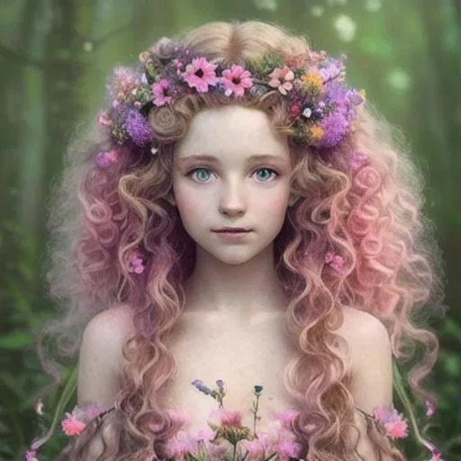 Prompt: a youngfairy goddess of spring, very curly hair, pink glow,  wildflowers, vivid colors, closeup