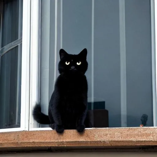 Prompt: black cat thats sitting on a window ledge