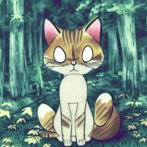 Prompt: cat spirit in forest, anime style, cute, mysterious, forest, cat