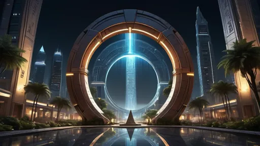 Prompt: magical portal between cities realms worlds kingdoms, circular portal, ring standing on edge, upright ring, freestanding ring, hieroglyphs on ring, complete ring, ancient egyptian architecture, gardens, hotels, office buildings, shopping malls, large wide-open city plaza, panoramic view, dark night, futuristic cyberpunk tech-noir setting, human scale