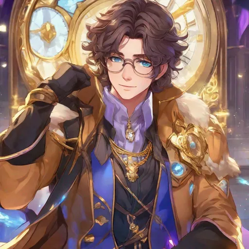 Prompt: Third person, feminine adult male, close-up, gameplay, alone, high quality, warm smile, scientist, magical boy with shoulder length wavy hair, open bright purple eyes, extravagant light-blue magical coat with gold trim, brown adventurer boots with gold, magical boy outfit with diamond motif, glasses, gold timepiece on wrist, gloves, cool atmosphere, sci-fi laboratory with high bookshelves and a giant window, island, Studio Ghibli, Sailor Moon, extremely detailed print by Hayao Miyazaki, 